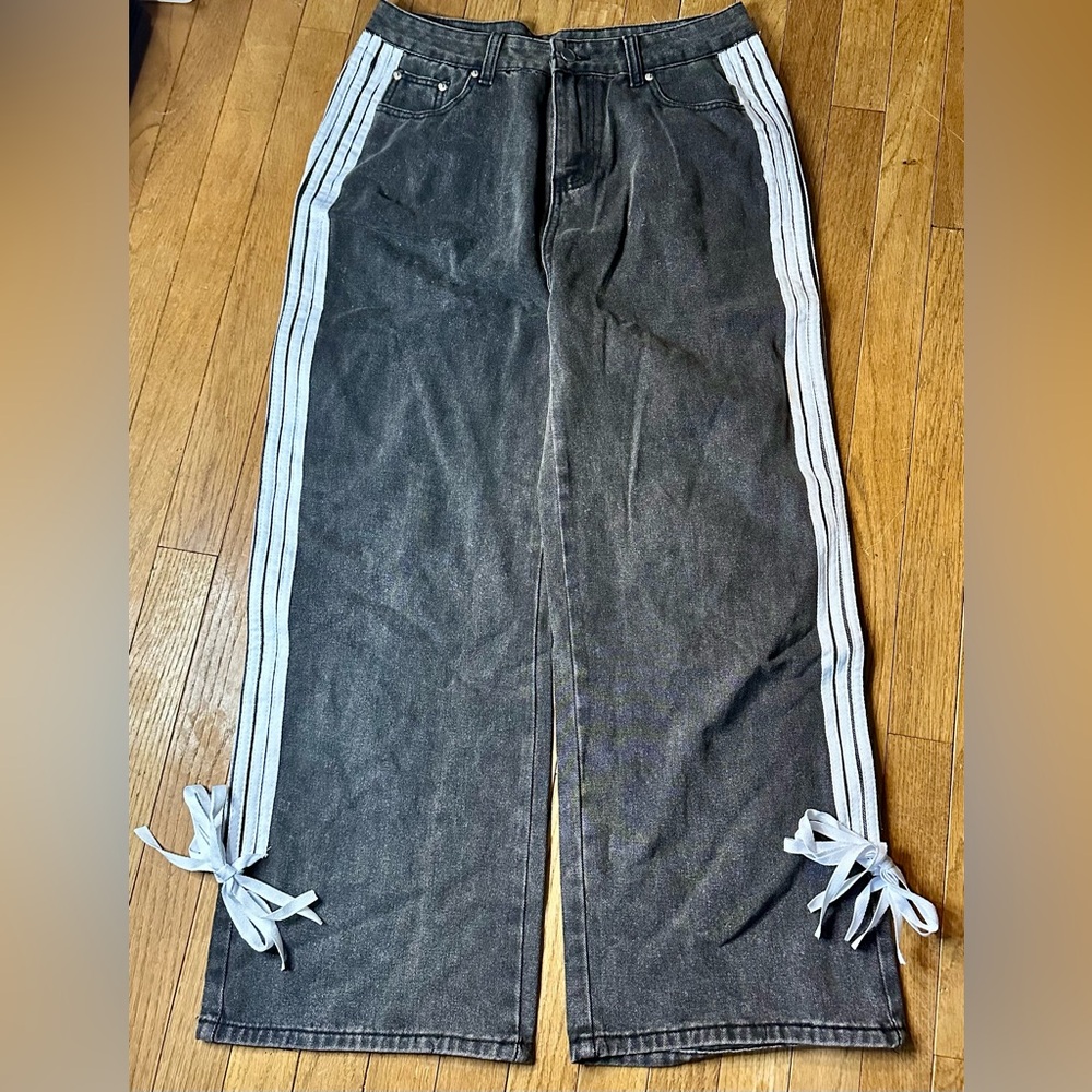 Baggy Wide Leg Jeans High Waist Side Striped Jeans Straight Boyfriend Y2K